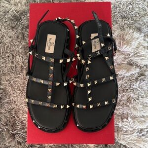 Valentino Black Sandals with Gold Studs